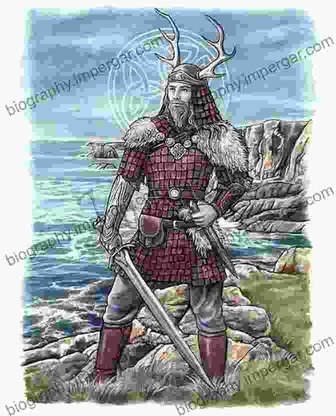 An Image Of A Celtic Warrior Holding A Sword, Standing In A Field Of Green, With A Castle In The Background. Through The Mist: A Dual Language Irish Mythology (Irish Myth Translations)